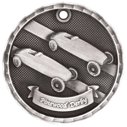 Antique Silver 2" 3D Pinewood Derby Medal