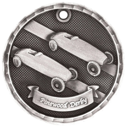Antique Silver 2" 3D Pinewood Derby Medal
