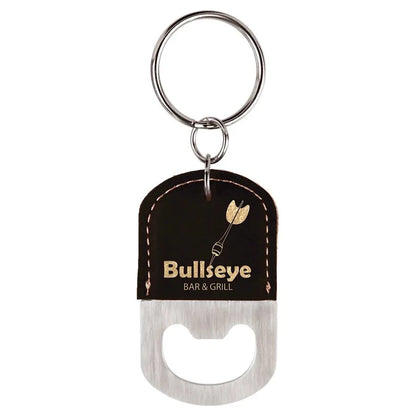 Black/Gold Oval Laserable Leatherette Bottle Opener Keychain