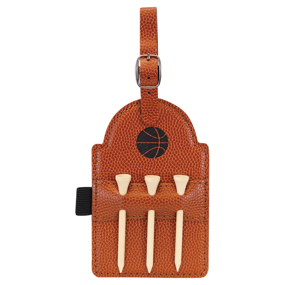 Basketball 5" x 3 1/4" Laserable Leatherette Golf Bag Tag with 3 Wooden Tees