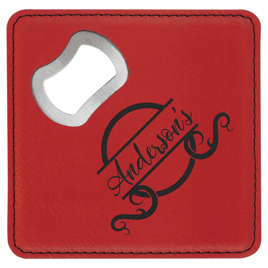 Red 4" x 4" Square Laserable Leatherette Coaster with Bottle Opener
