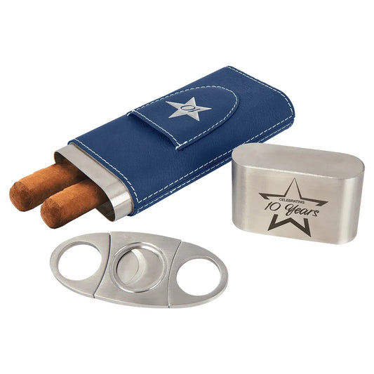 Blue/Silver Laserable Leatherette Cigar Case with Cutter