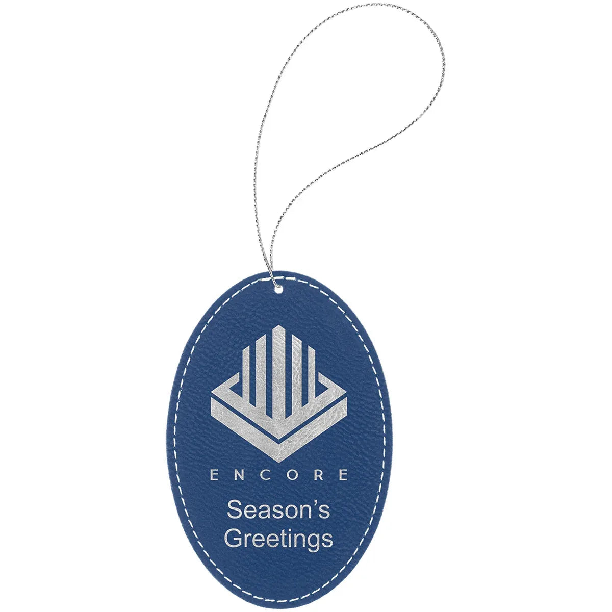 Blue/Silver Laserable Leatherette Oval Ornament with Silver String
