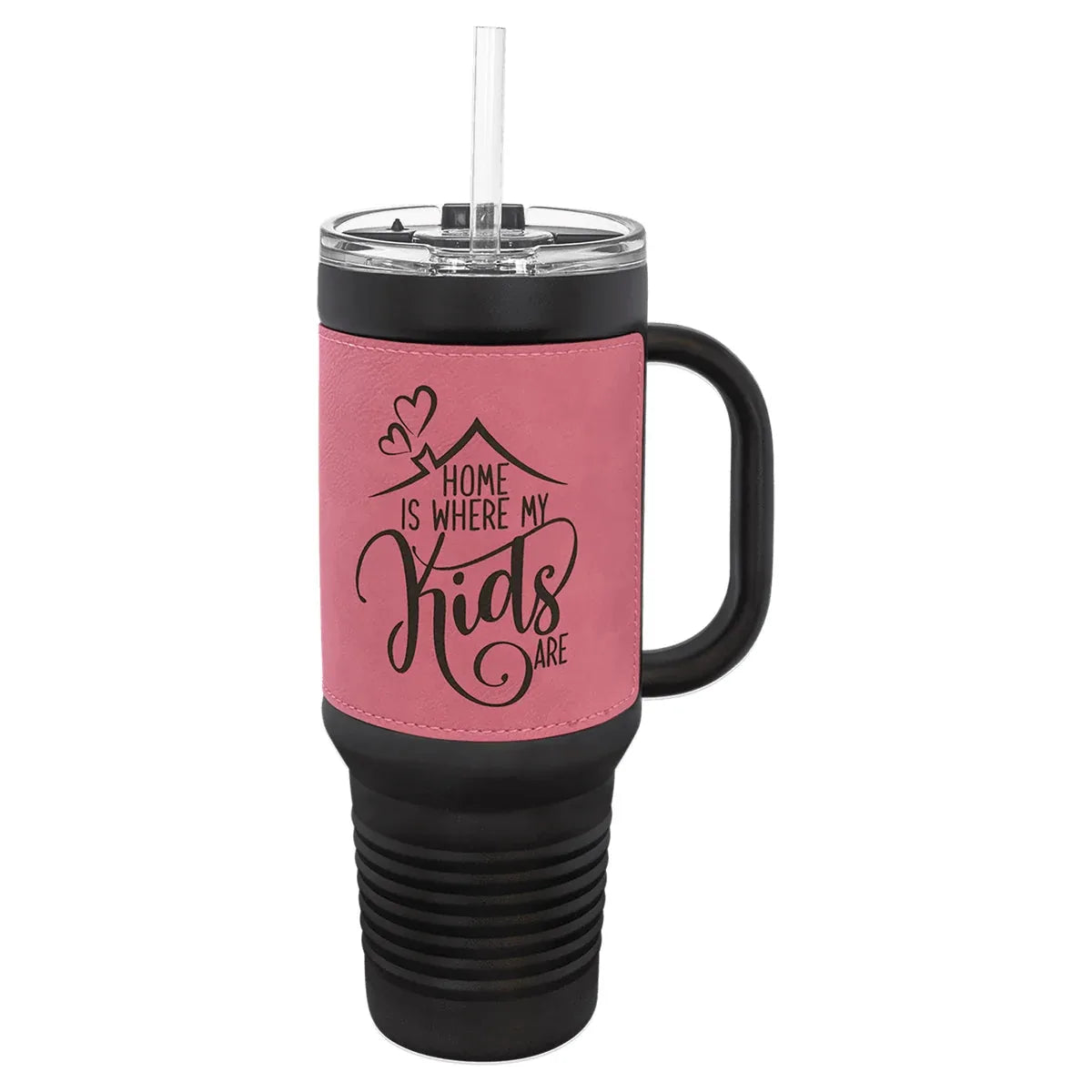 Black Pink Polar Camel 40 oz. Laserable Leatherette Travel Mug with a Handle & Straw