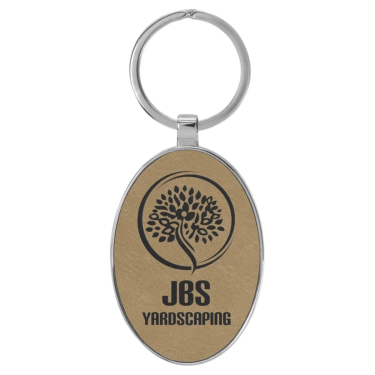 Light Brown 3" x 1 3/4" Laserable Leatherette/Metal Oval Keychain