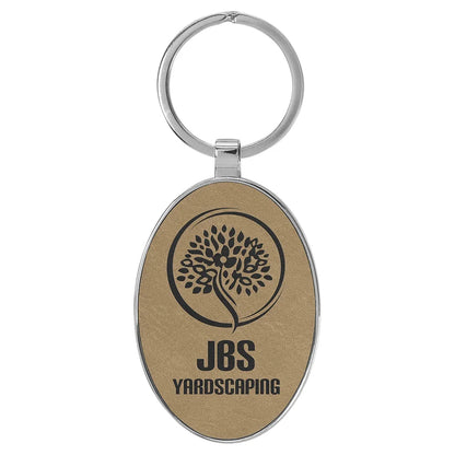 Light Brown 3" x 1 3/4" Laserable Leatherette/Metal Oval Keychain
