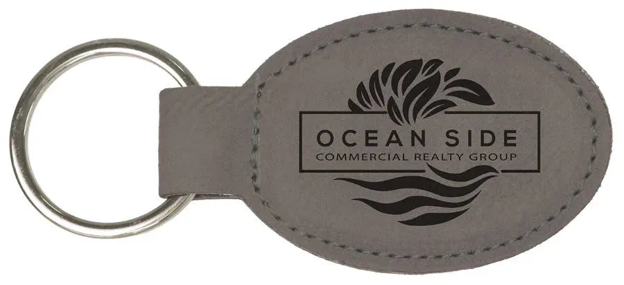 Gray 3" x 1 3/4" Laserable Leatherette Oval Keychain
