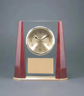7" Glass Desk Clock with Rosewood Finish Bevel Columns