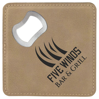 Custom Square Laserable Leatherette Coaster with Bottle Opener (4" x 4") — Engraved Coaster | Branded