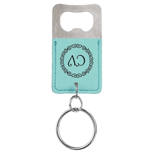 Teal Rectangle Laserable Leatherette Bottle Opener Keychain