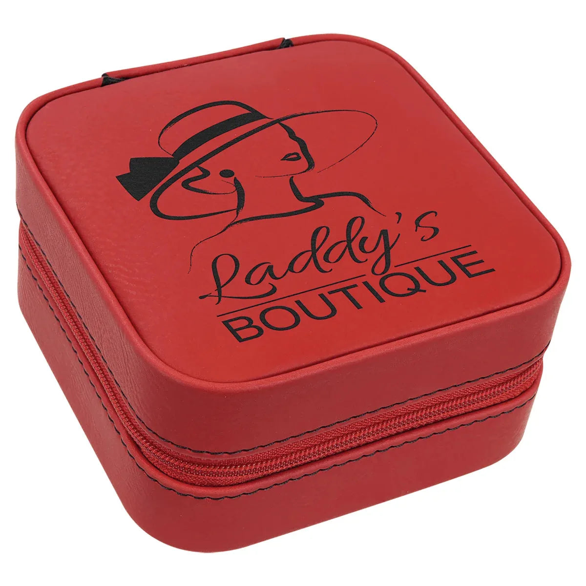 Red Laserable Leatherette Travel Jewelry Box with Black 4" X 4" Lining