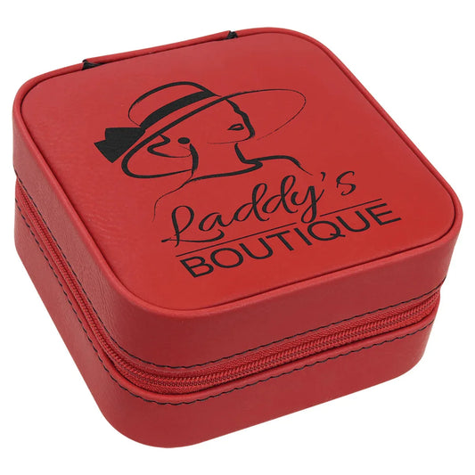 Red Laserable Leatherette Travel Jewelry Box with Black 4" X 4" Lining