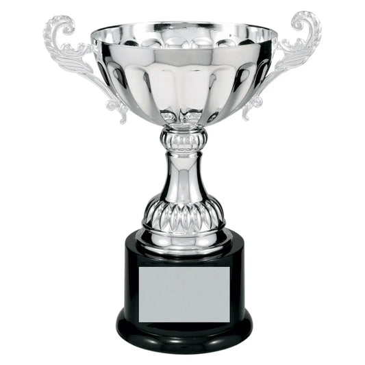 Silver 8 1/2" Completed Metal Cup Trophy on Plastic Base