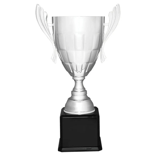 Silver Completed Metal Cup Trophy on Black Royal 26 1/2" Piano Finish Base