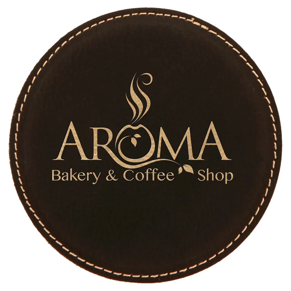 Black/Gold 4" Round Laserable Leatherette Coaster