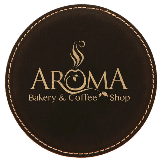 Black/Gold 4" Round Laserable Leatherette Coaster