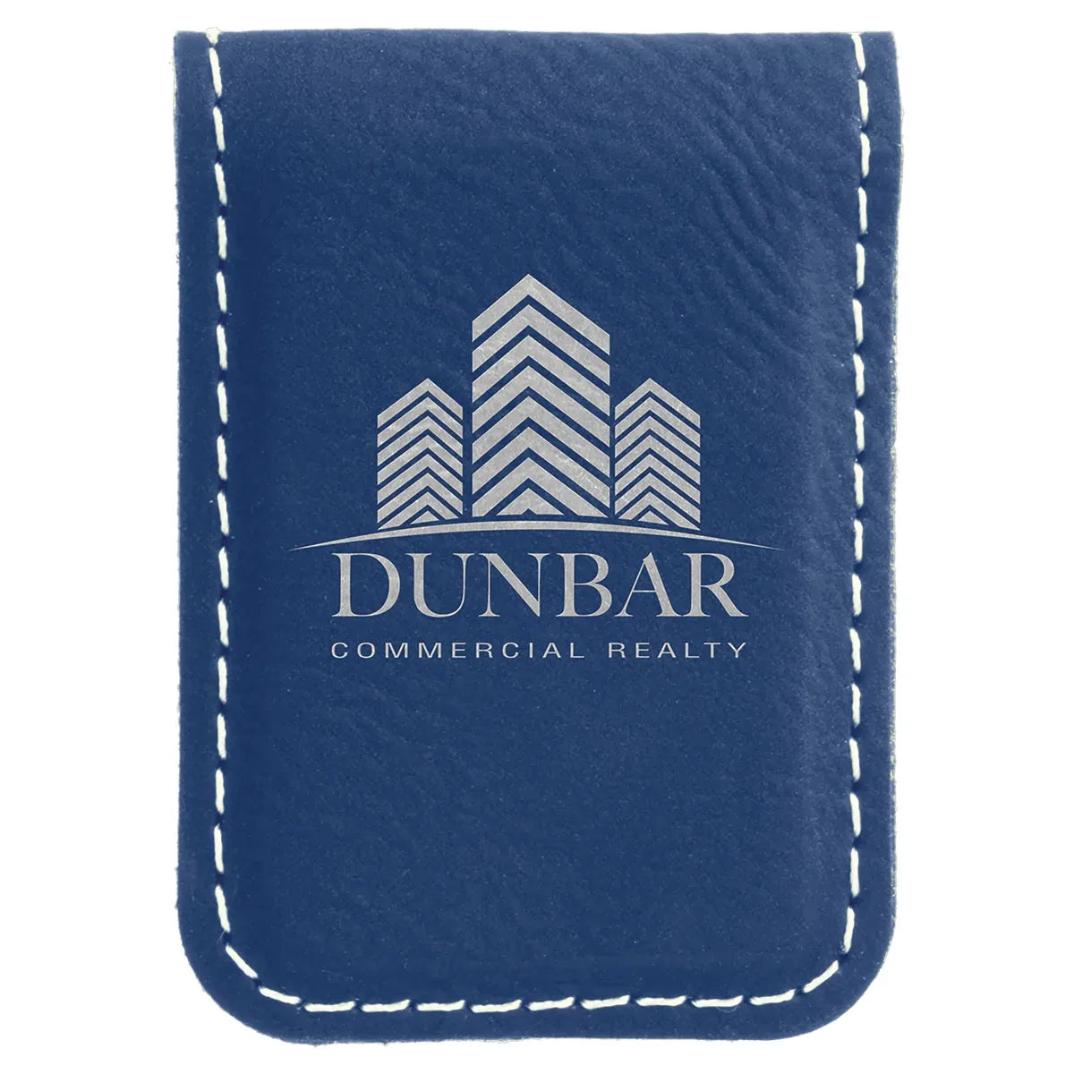 Blue/Silver 1 3/4" x 2 1/2" Laserable Leatherette Money Clip