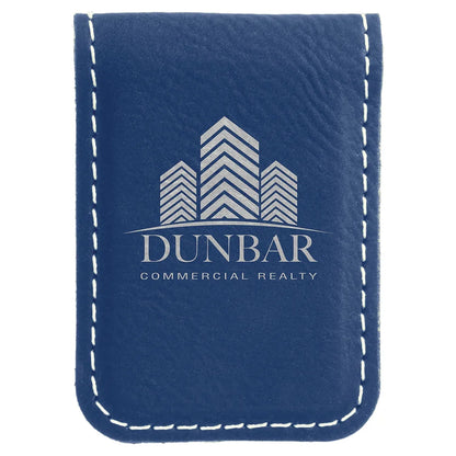 Blue/Silver 1 3/4" x 2 1/2" Laserable Leatherette Money Clip