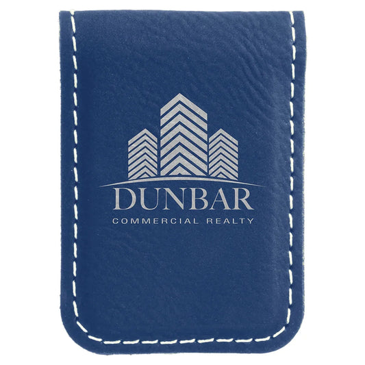 Blue/Silver 1 3/4" x 2 1/2" Laserable Leatherette Money Clip