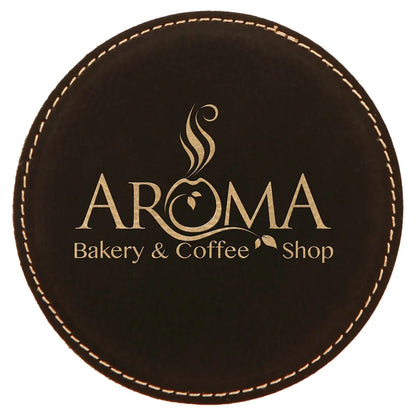 Black/Gold 4" Round Laserable Leatherette Coaster