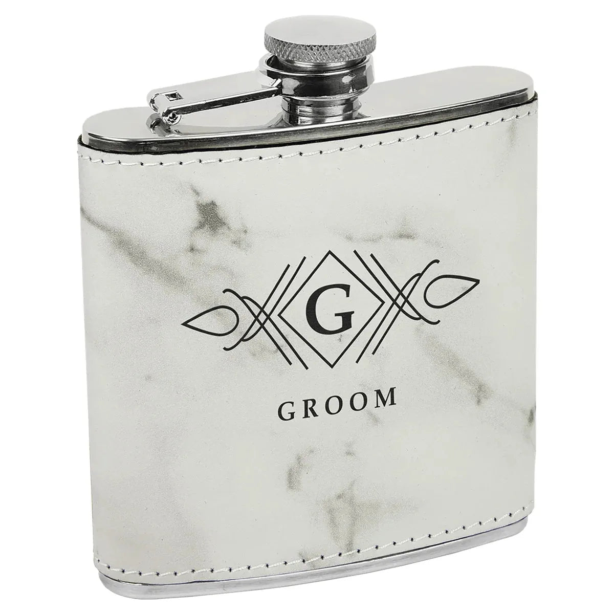 White Marble Laserable Leatherette Stainless Steel 6 oz. Flask