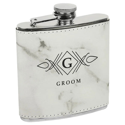 White Marble Laserable Leatherette Stainless Steel 6 oz. Flask