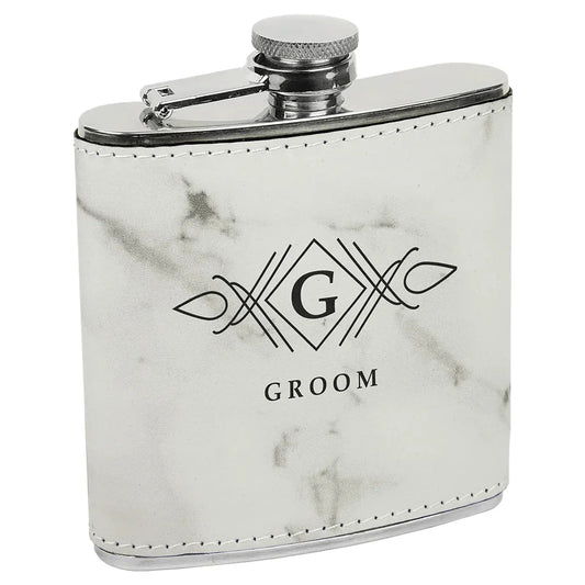 White Marble Laserable Leatherette Stainless Steel 6 oz. Flask