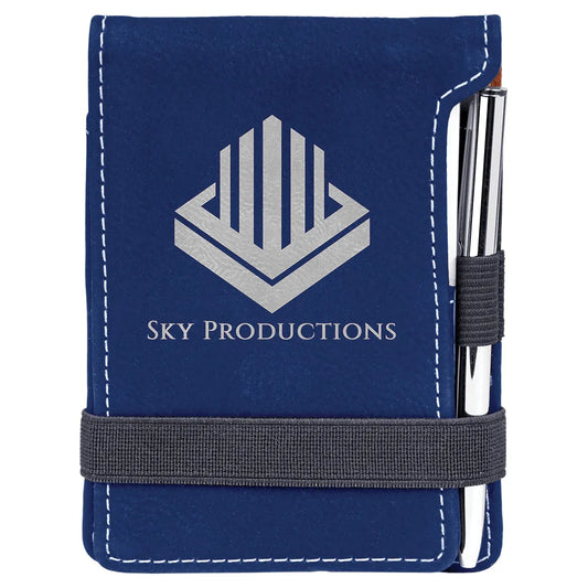 Blue/Silver 3 1/4" x 4 3/4" Laserable Leatherette Mini Notepad with Pen