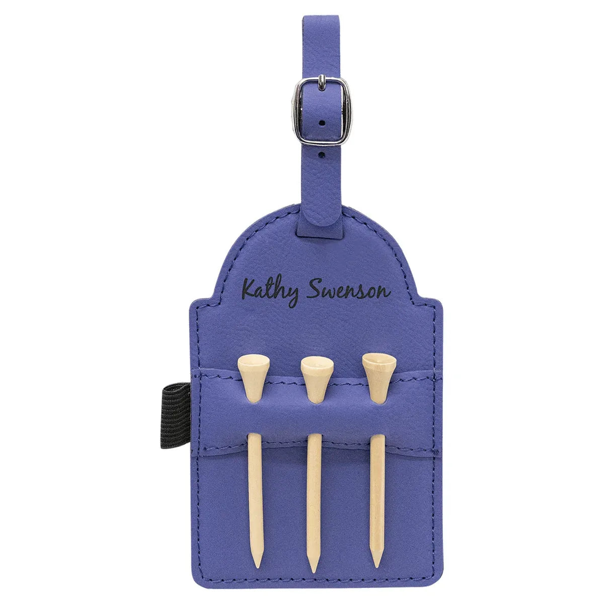 Purple 5" x 3 1/4" Laserable Leatherette Golf Bag Tag with 3 Wooden Tees