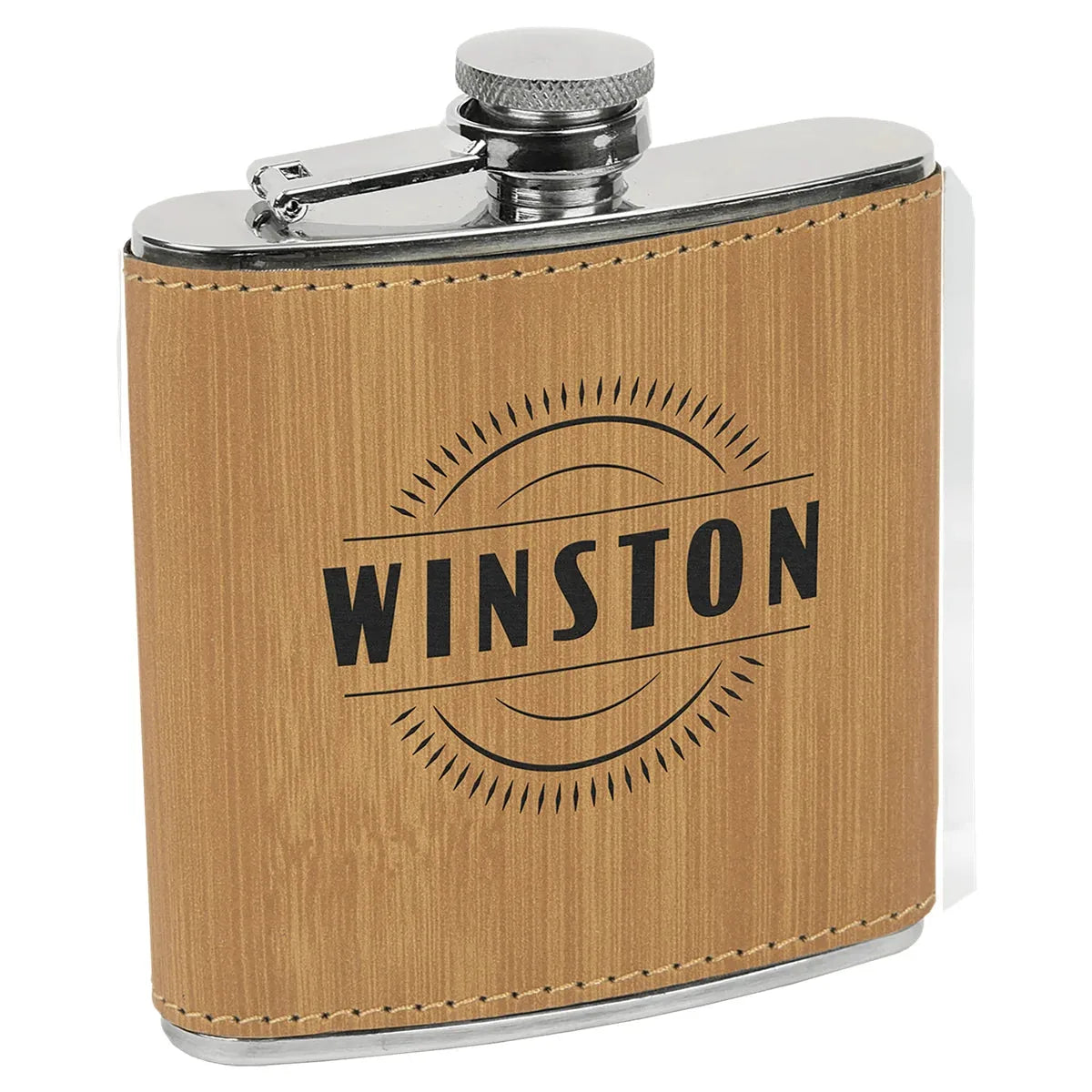 Bamboo Laserable Leatherette Stainless Steel 6 oz. Flask