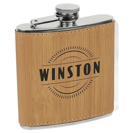 Bamboo Laserable Leatherette Stainless Steel 6 oz. Flask