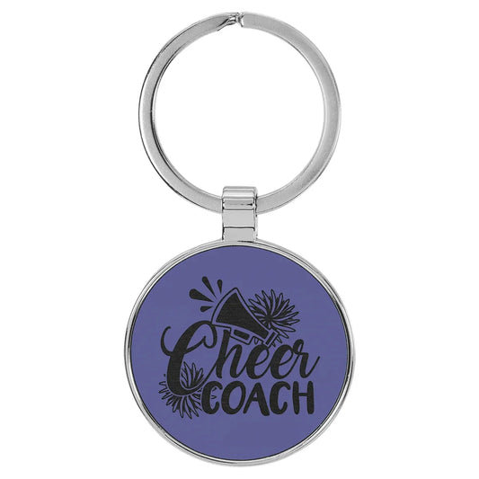 Purple 1 1/2" Laserable Leatherette/Metal Round Keychain