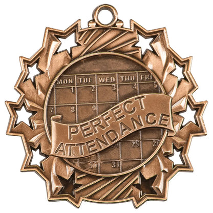 Antique Bronze 2 1/4" Perfect Attendance Ten Star Medal