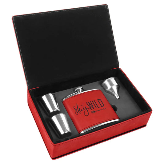Red 6 oz. Laserable Leatherette Flask Gift Set