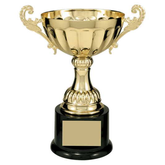 Gold 8 1/2" Completed Metal Cup Trophy on Plastic Base
