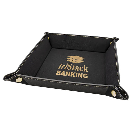 Black/Gold Laserable Leatherette Snap Up Tray with Gold 6" x 6" Snaps
