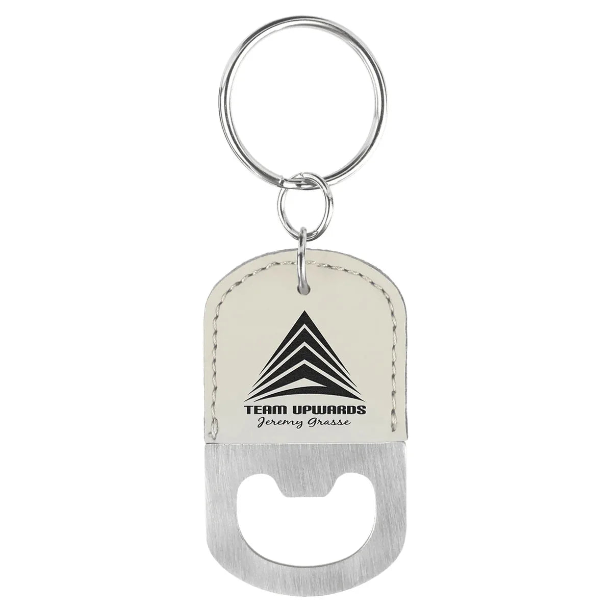 White Oval Laserable Leatherette Bottle Opener Keychain