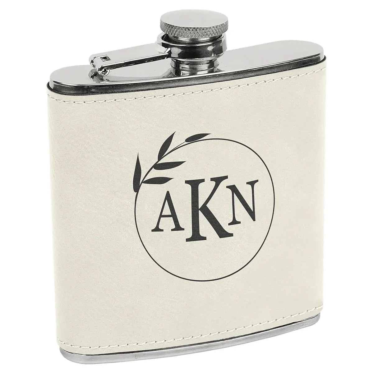 White/Black Laserable Leatherette Stainless Steel 6 oz. Flask