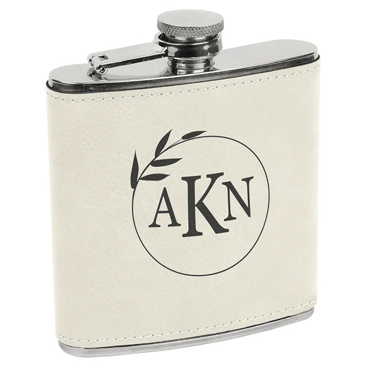 White/Black Laserable Leatherette Stainless Steel 6 oz. Flask