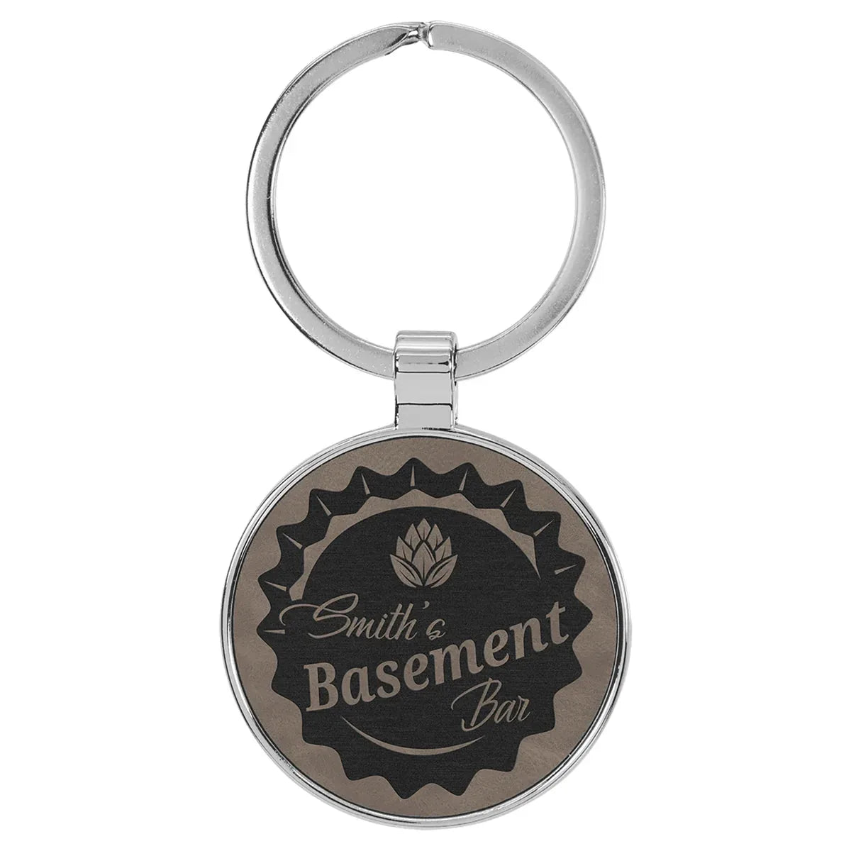 Gray 1 1/2" Laserable Leatherette/Metal Round Keychain