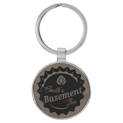Gray 1 1/2" Laserable Leatherette/Metal Round Keychain