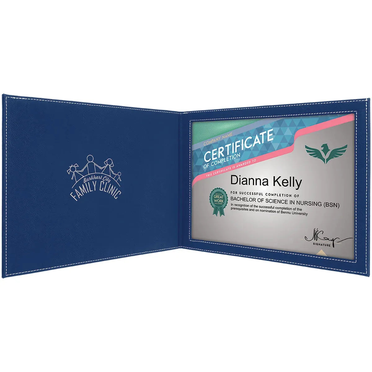 Blue/Silver 9" x 12" Laserable Leatherette Certificate Holder for 8 1/2" x 11"