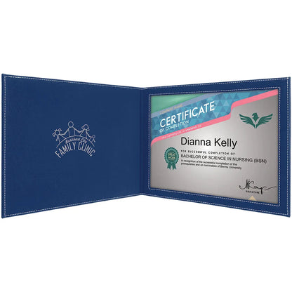 Blue/Silver 9" x 12" Laserable Leatherette Certificate Holder for 8 1/2" x 11"