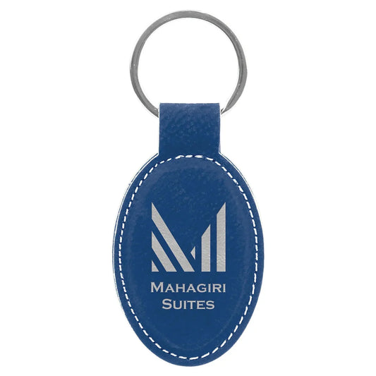Blue/Silver 3" x 1 3/4" Laserable Leatherette Oval Keychain