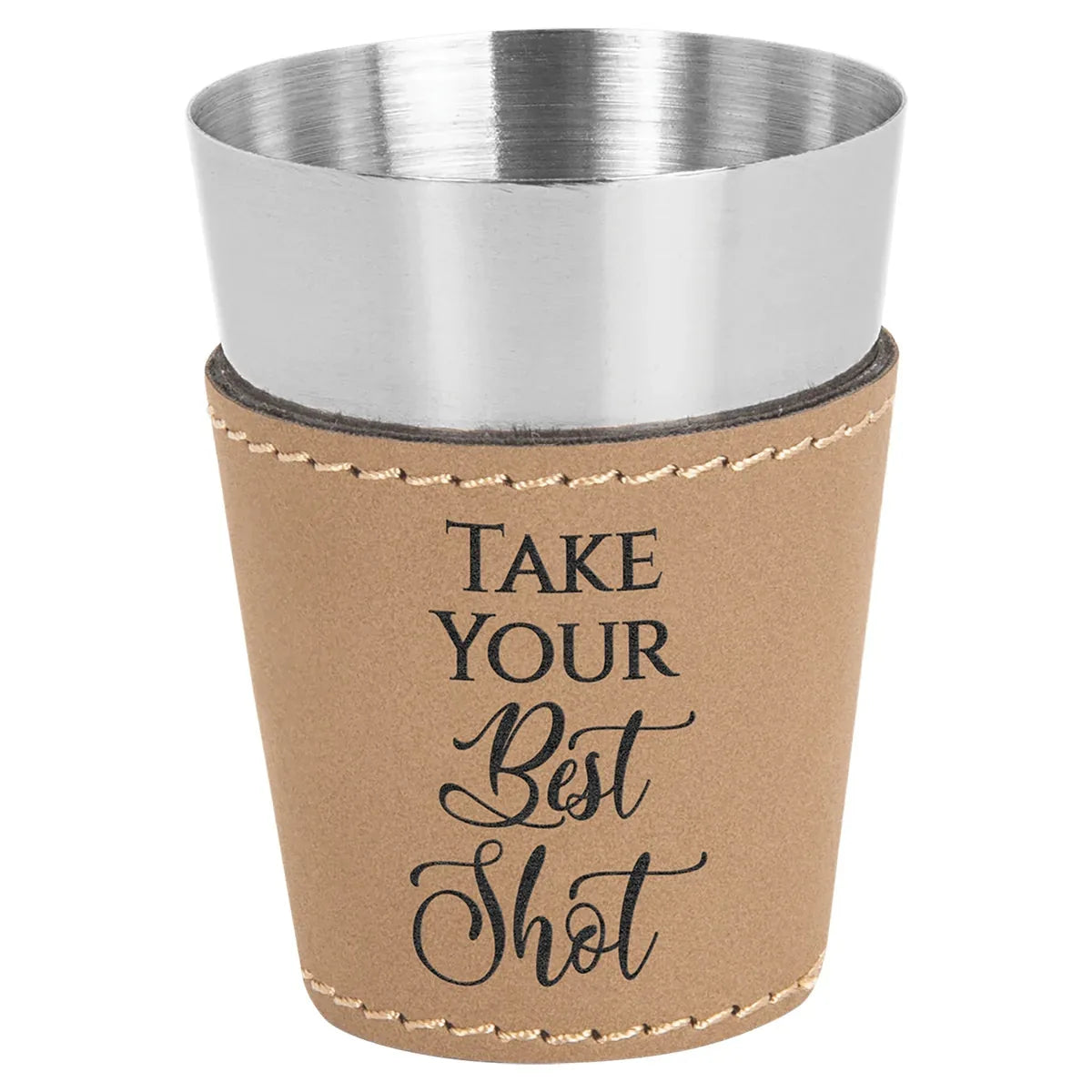 Light Brown Laserable Leatherette & Stainless Steel 2 oz. Shot Glass