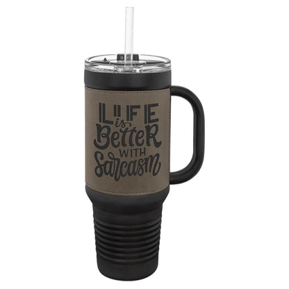 Black Gray Polar Camel 40 oz. Laserable Leatherette Travel Mug with a Handle & Straw
