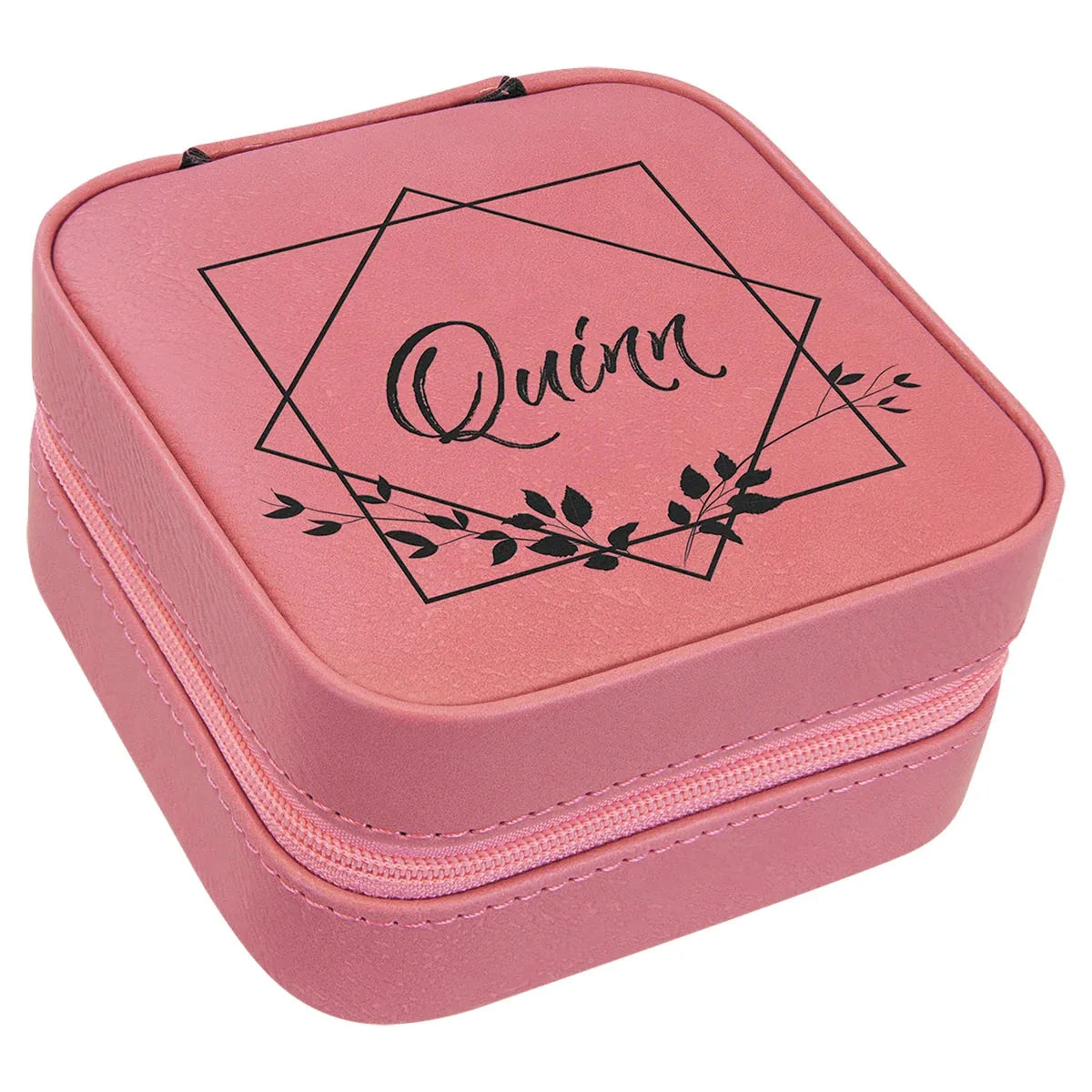 Pink Laserable Leatherette Travel Jewelry Box with Black 4" X 4" Lining