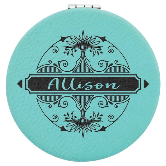 Teal 2 1/2" Laserable Leatherette Compact Mirror