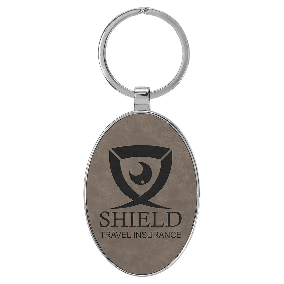 Gray 3" x 1 3/4" Laserable Leatherette/Metal Oval Keychain