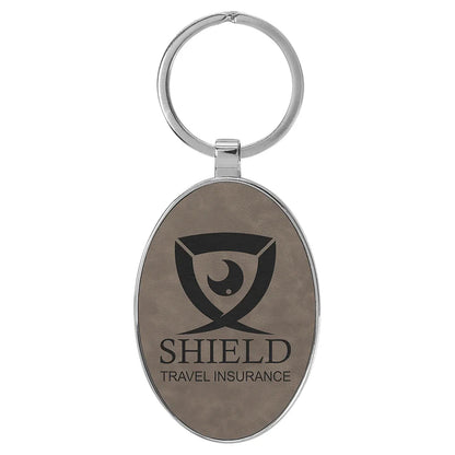 Gray 3" x 1 3/4" Laserable Leatherette/Metal Oval Keychain